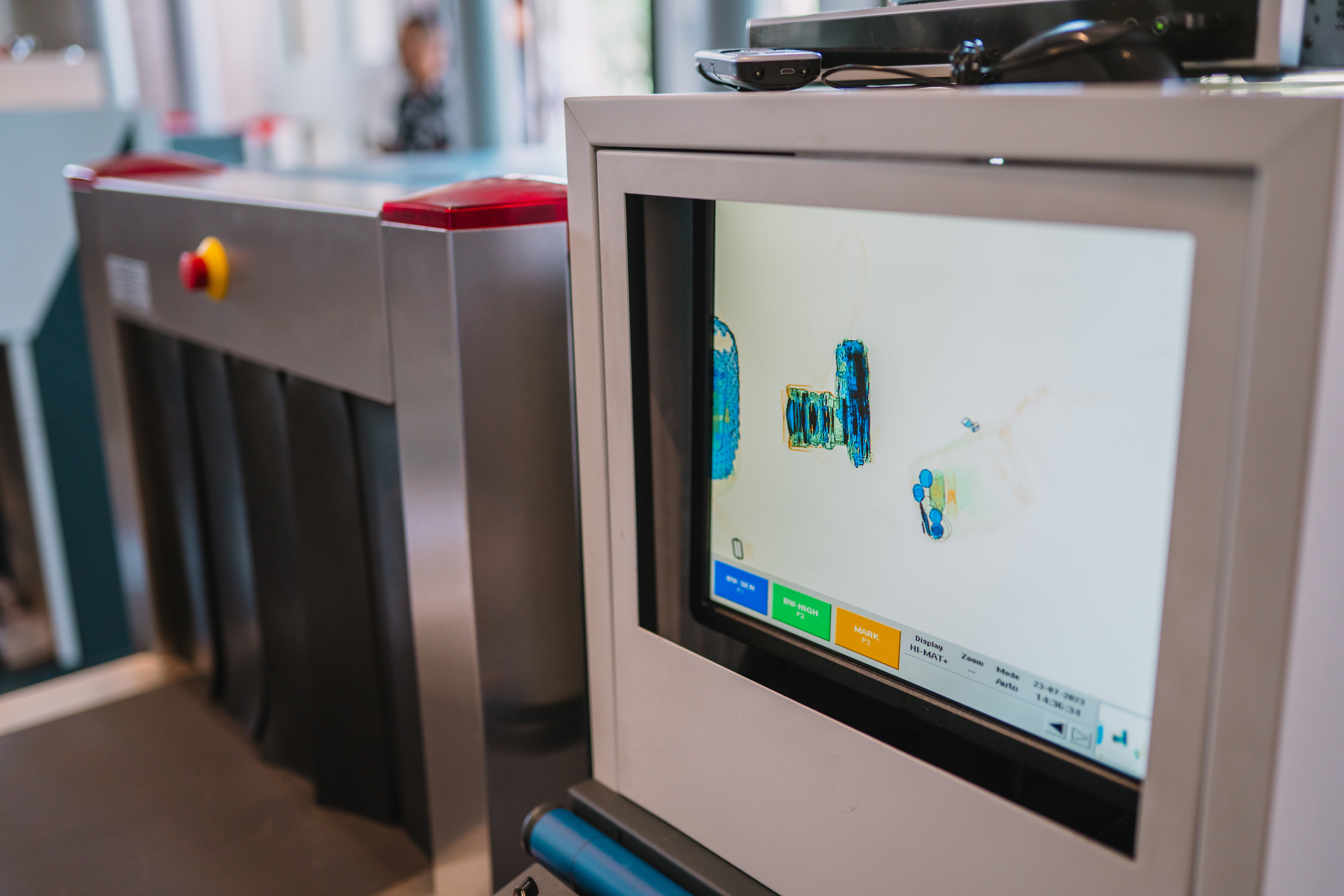 X Ray Scanner And Metal Detector At Airport Security Checkpoint.