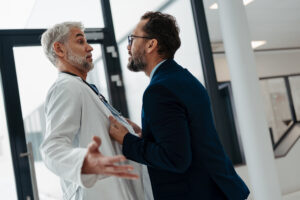 Violence Against Health Workers. Patient Is Aggressive, Have Conflict With Doctor In Hospital Corridor. Visitor Holding Doctor By Coat, Screaming, Threatening Him.