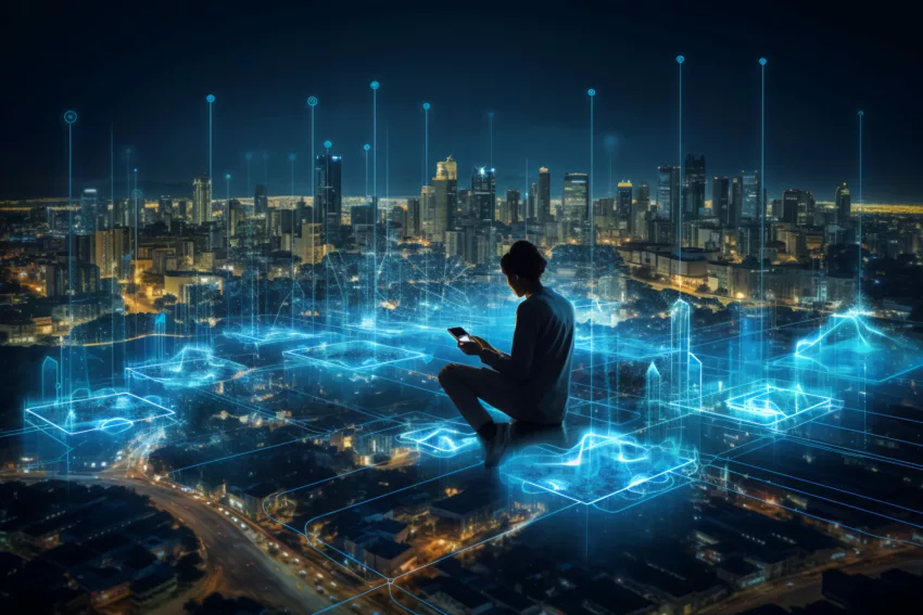 Artificial Intelligence Looking At Smart City, AI Control City Infrastructure, Data Traffic, Ensure Safety. World Communication Concept, Generative Ai