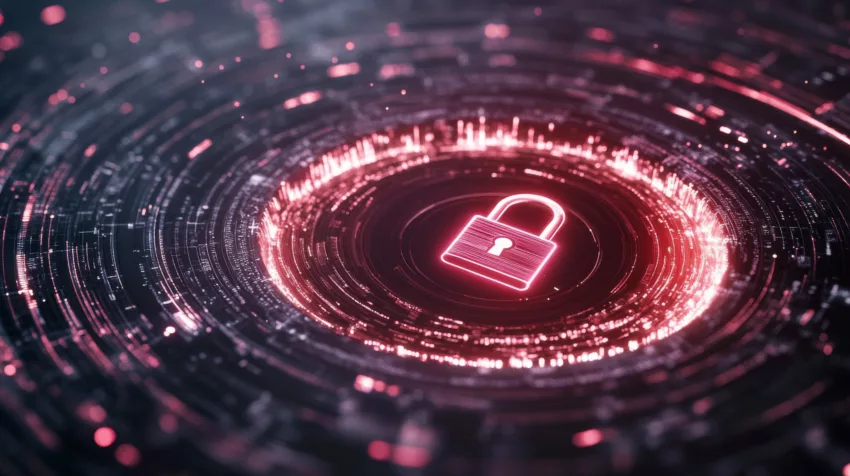 A Glowing Padlock Hologram Surrounded By Digital Data Streams. Generative AI