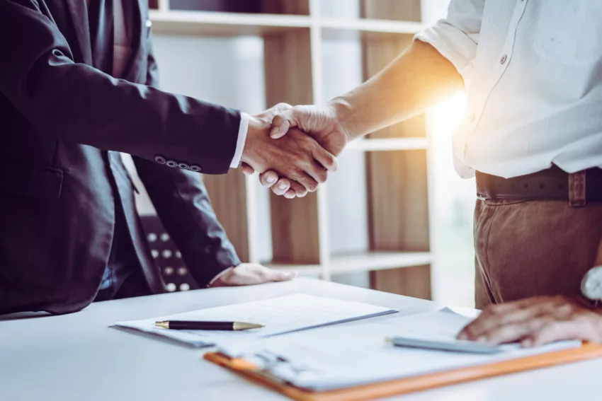 Middle Age Asian Partner Lawyers Attorneys Shaking Hands After D